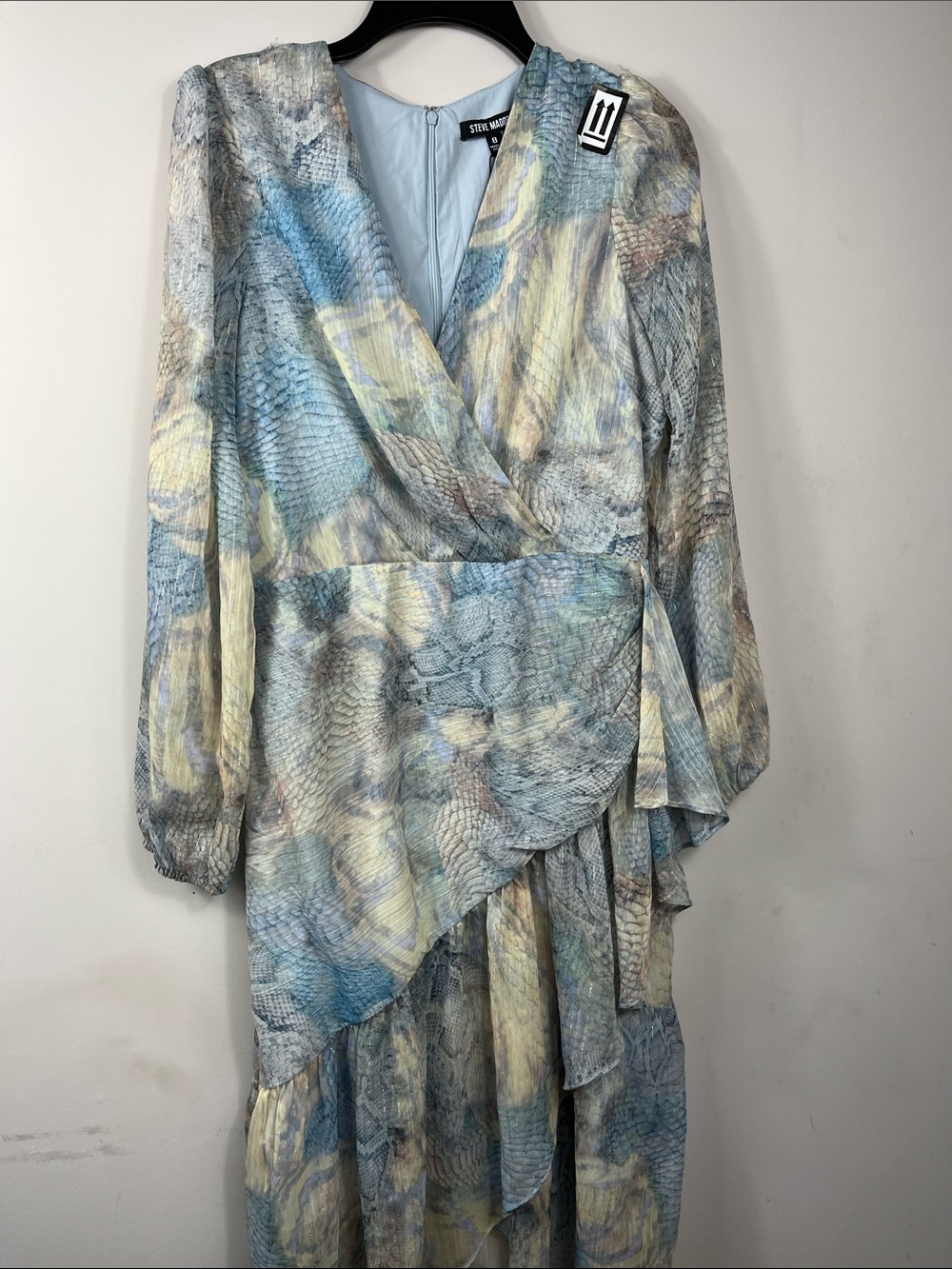 Steve Madden Sheer Ruffle Dress Blue Gray Long Sleeve Boho Midi 8